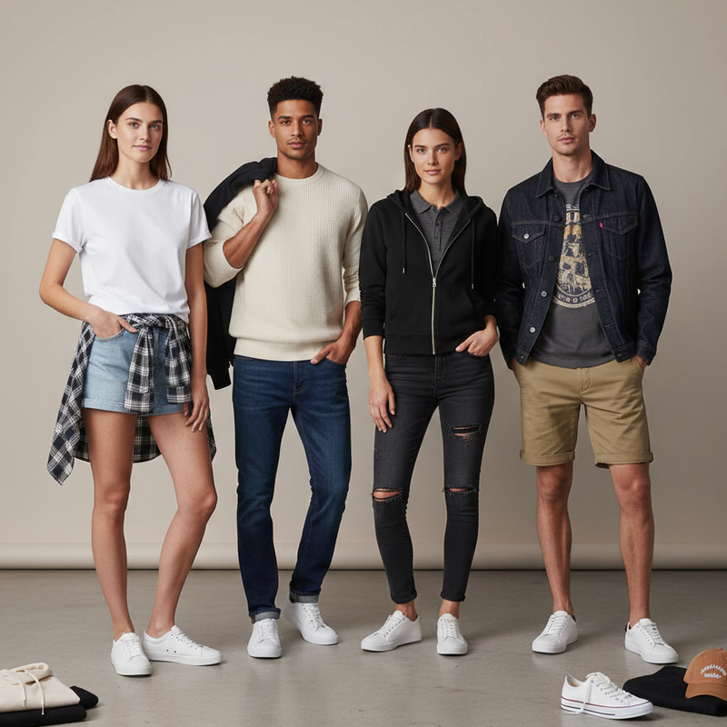 Four people standing together wearing casual clothing with shoes displayed on the floor.
